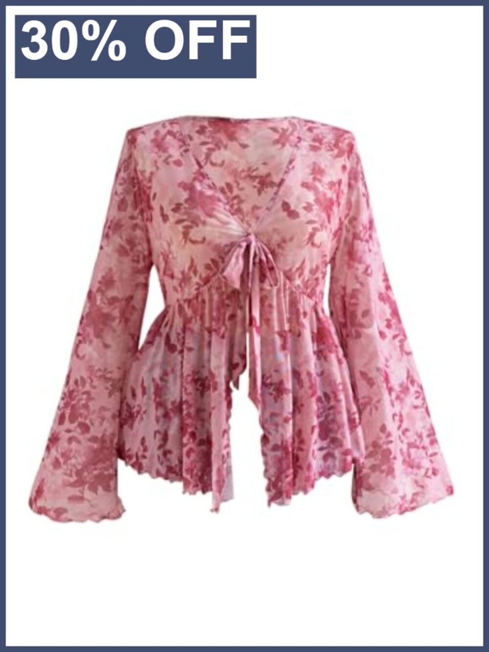 Plus Size Floral Peplum Ruffle Blouse V-Neck Tie Front Long Sleeve